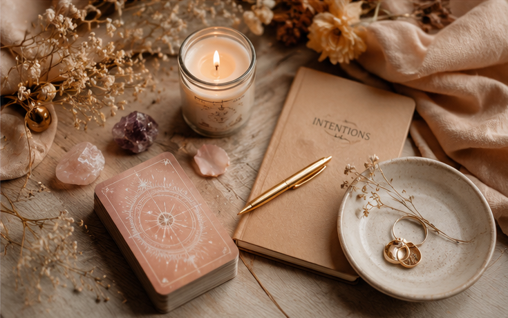 Soft spiritual reading table with candle and cards